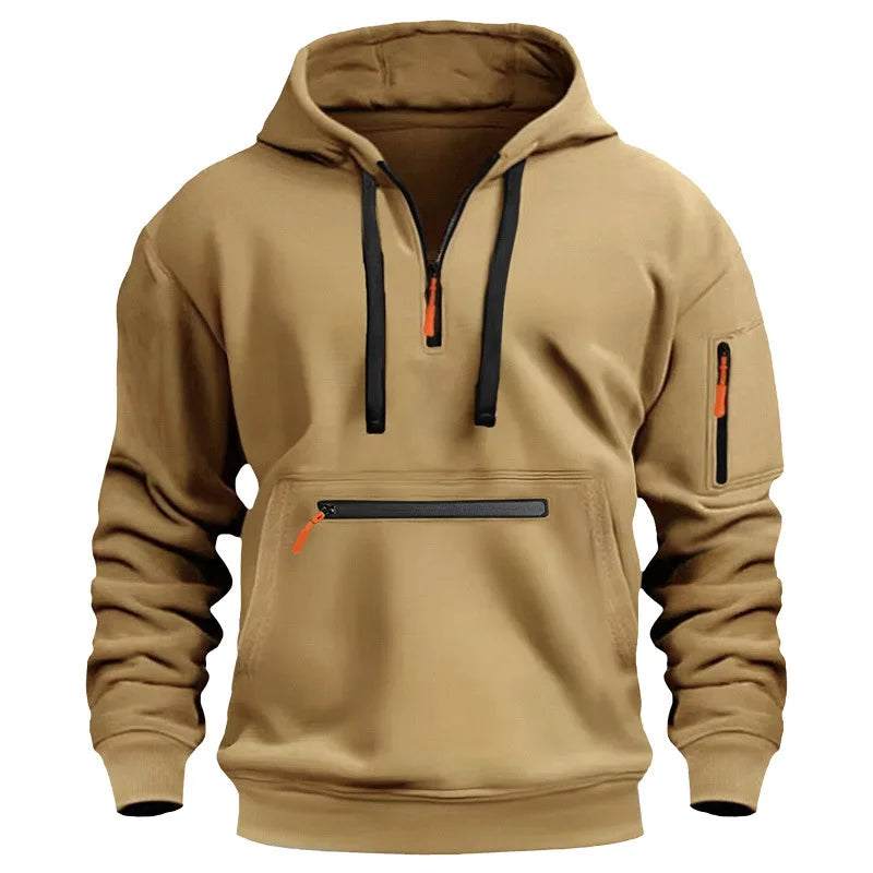 Moletom esportivo casual masculino, moda primavera e outono, bolso no braço, corda com capuz, cor sólida, solto, blusa de manga comprida.