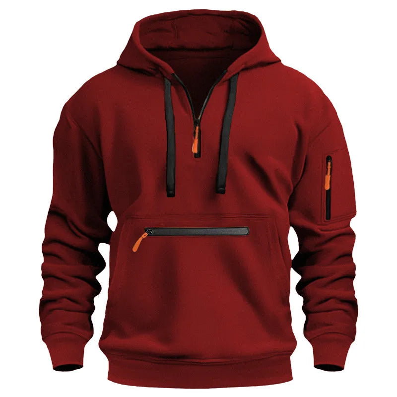 Moletom esportivo casual masculino, moda primavera e outono, bolso no braço, corda com capuz, cor sólida, solto, blusa de manga comprida.