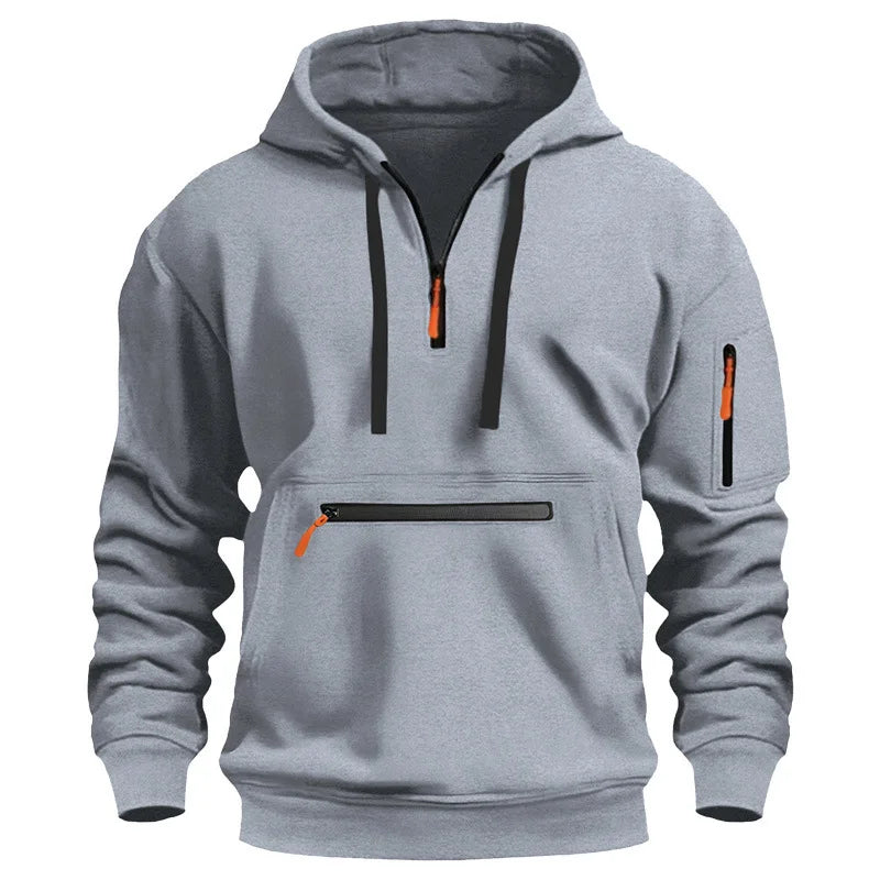 Moletom esportivo casual masculino, moda primavera e outono, bolso no braço, corda com capuz, cor sólida, solto, blusa de manga comprida.