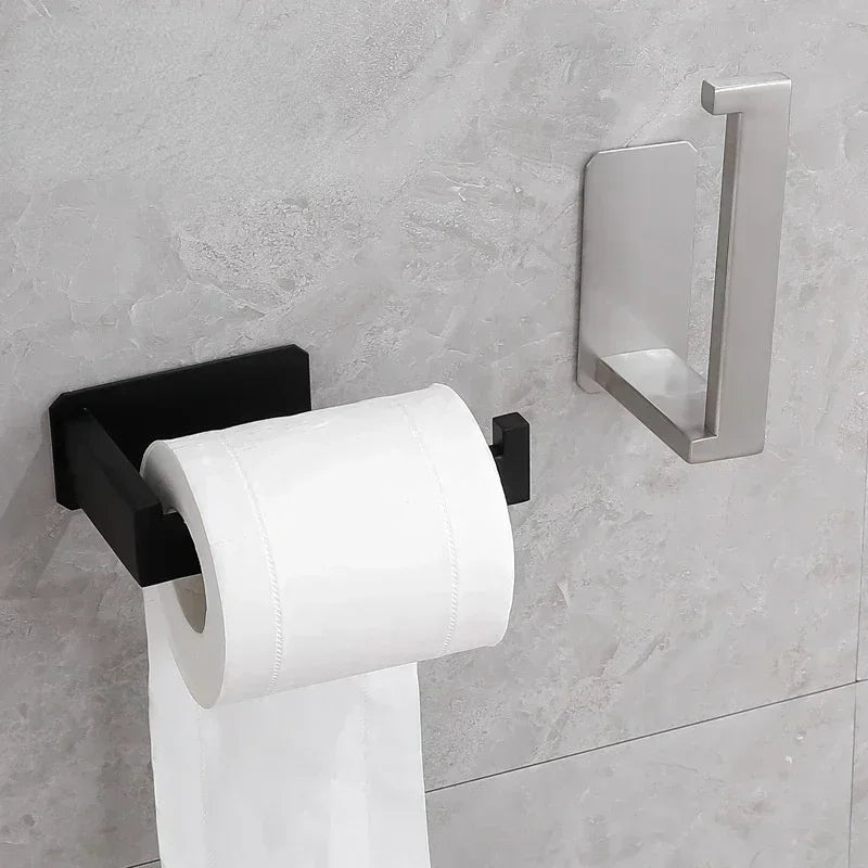 Suporte para rolo de papel higiênico de aço inoxidável com acabamento preto fácil instalação sem parafusos