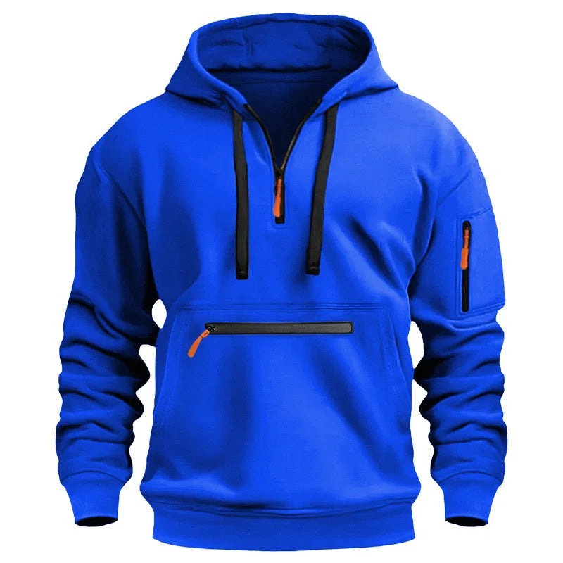 Moletom esportivo casual masculino, moda primavera e outono, bolso no braço, corda com capuz, cor sólida, solto, blusa de manga comprida.