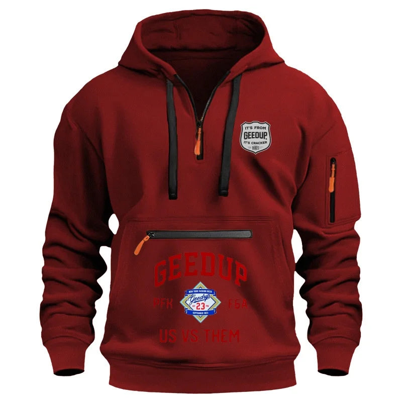 Moletom esportivo casual masculino, moda primavera e outono, bolso no braço, corda com capuz, cor sólida, solto, blusa de manga comprida.