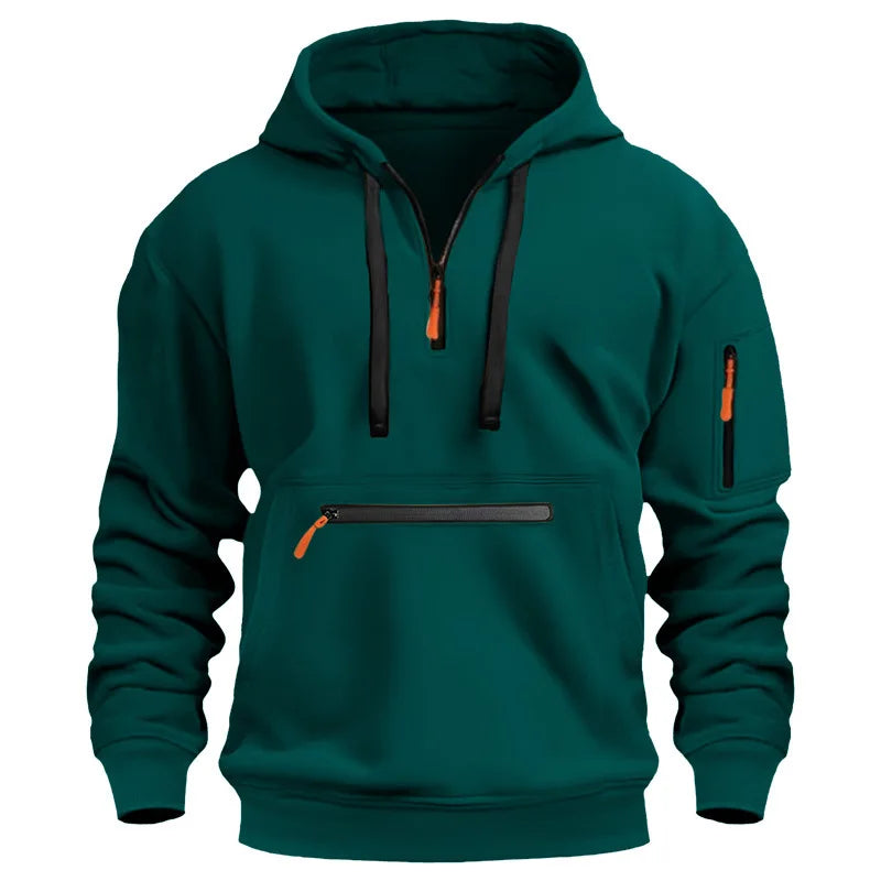 Moletom esportivo casual masculino, moda primavera e outono, bolso no braço, corda com capuz, cor sólida, solto, blusa de manga comprida.