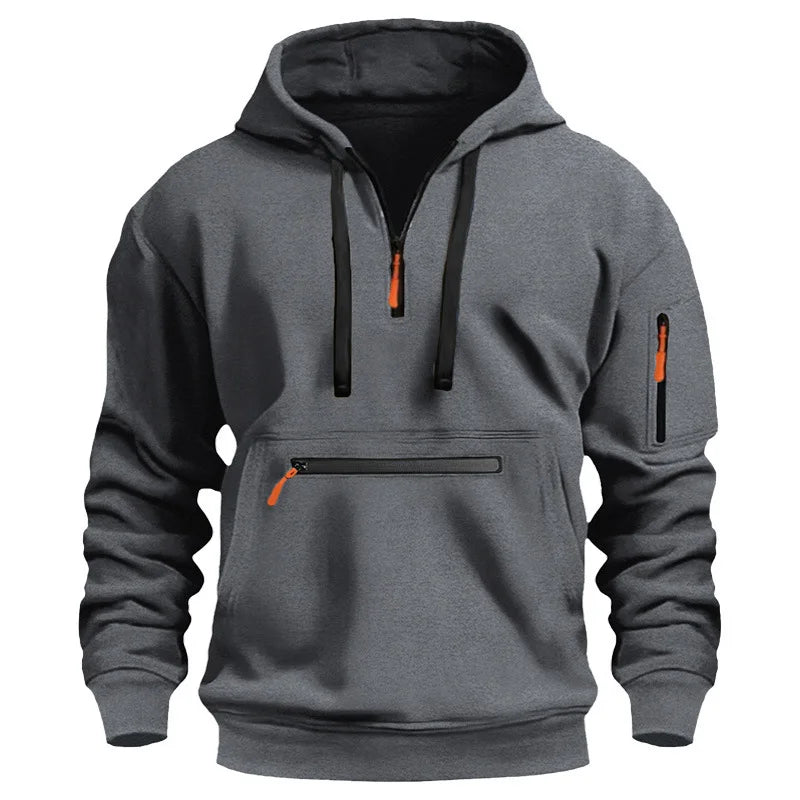 Moletom esportivo casual masculino, moda primavera e outono, bolso no braço, corda com capuz, cor sólida, solto, blusa de manga comprida.