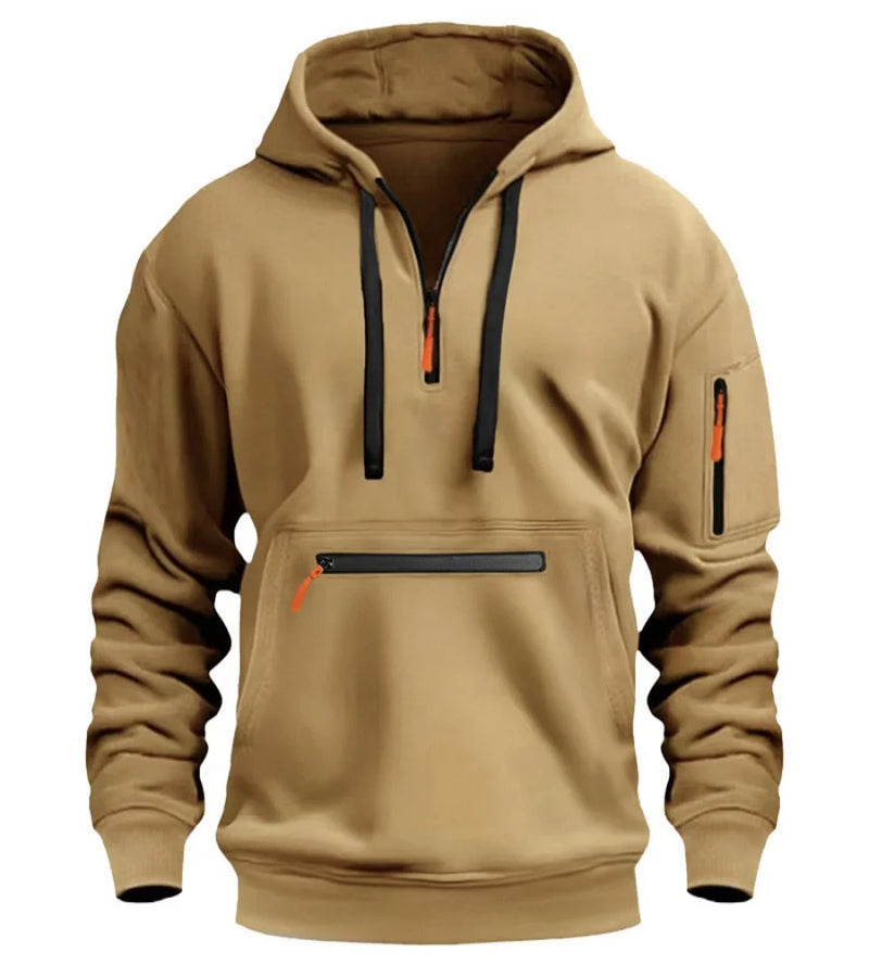 Moletom esportivo casual masculino, moda primavera e outono, bolso no braço, corda com capuz, cor sólida, solto, blusa de manga comprida.