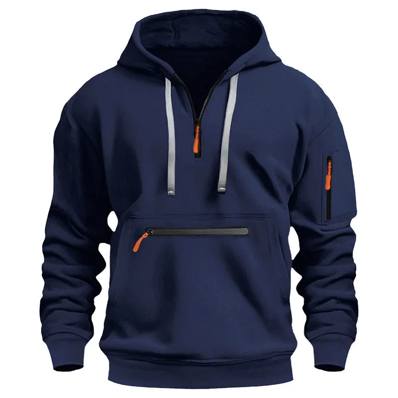 Moletom esportivo casual masculino, moda primavera e outono, bolso no braço, corda com capuz, cor sólida, solto, blusa de manga comprida.