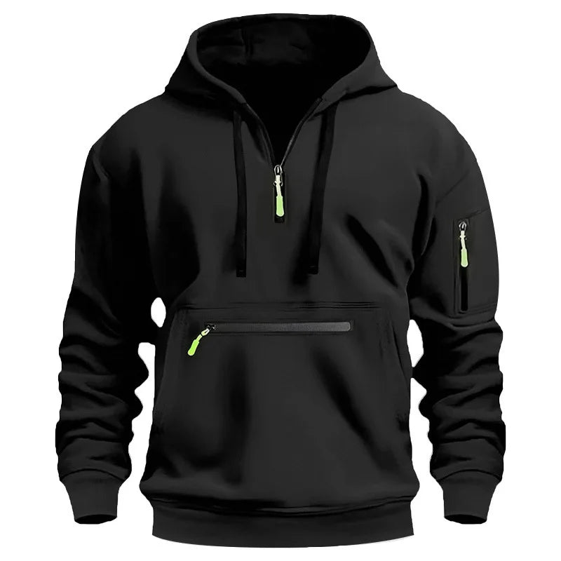 Moletom esportivo casual masculino, moda primavera e outono, bolso no braço, corda com capuz, cor sólida, solto, blusa de manga comprida.