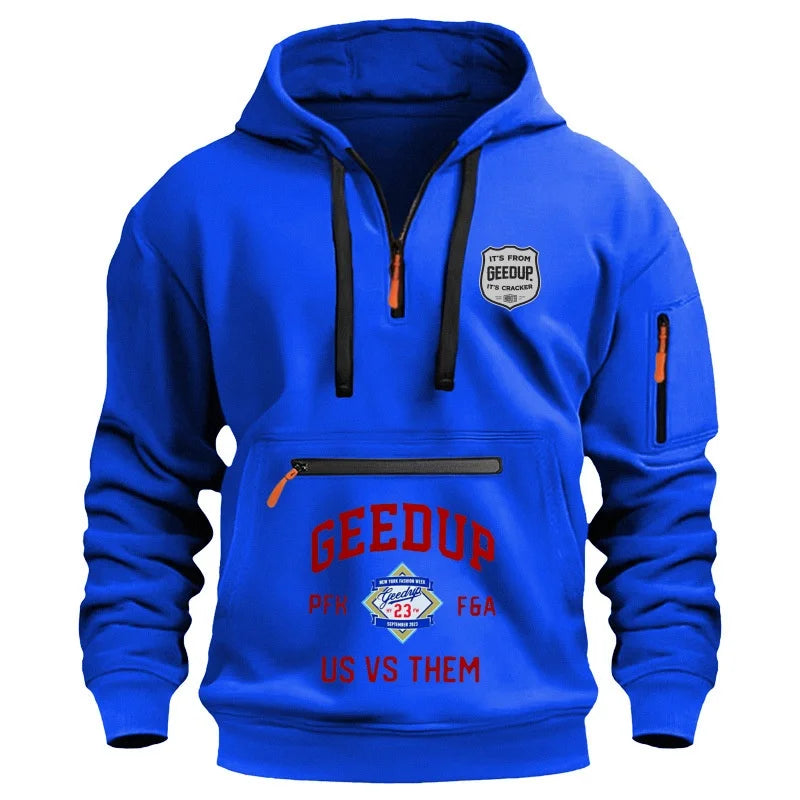 Moletom esportivo casual masculino, moda primavera e outono, bolso no braço, corda com capuz, cor sólida, solto, blusa de manga comprida.