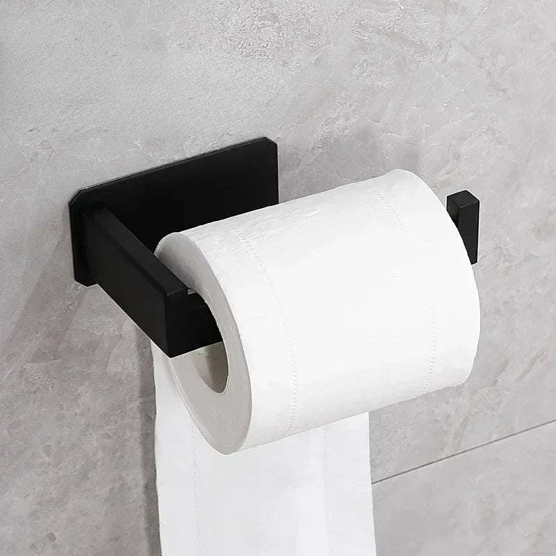 Suporte para rolo de papel higiênico de aço inoxidável com acabamento preto fácil instalação sem parafusos