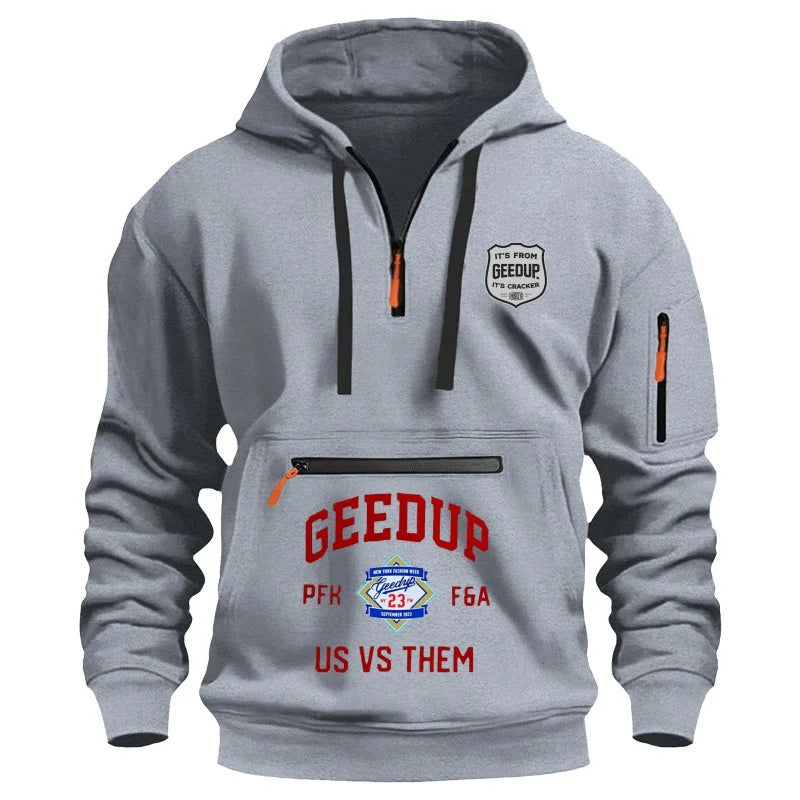 Moletom esportivo casual masculino, moda primavera e outono, bolso no braço, corda com capuz, cor sólida, solto, blusa de manga comprida.